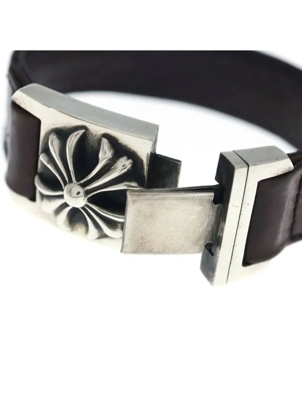 Chrome Hearts Harness Cross Box Leather Bracelet Silver Brown